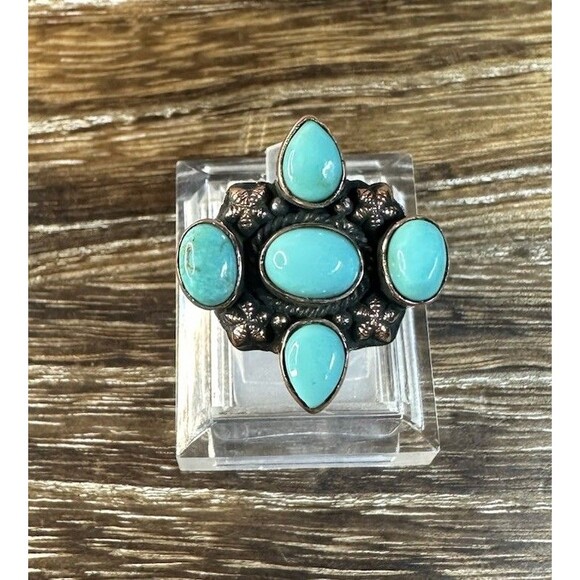 Handmade Jewelry - Southwest Copper Kingman Turquoise  MultiStone Cluster Ring 5.5 Adj